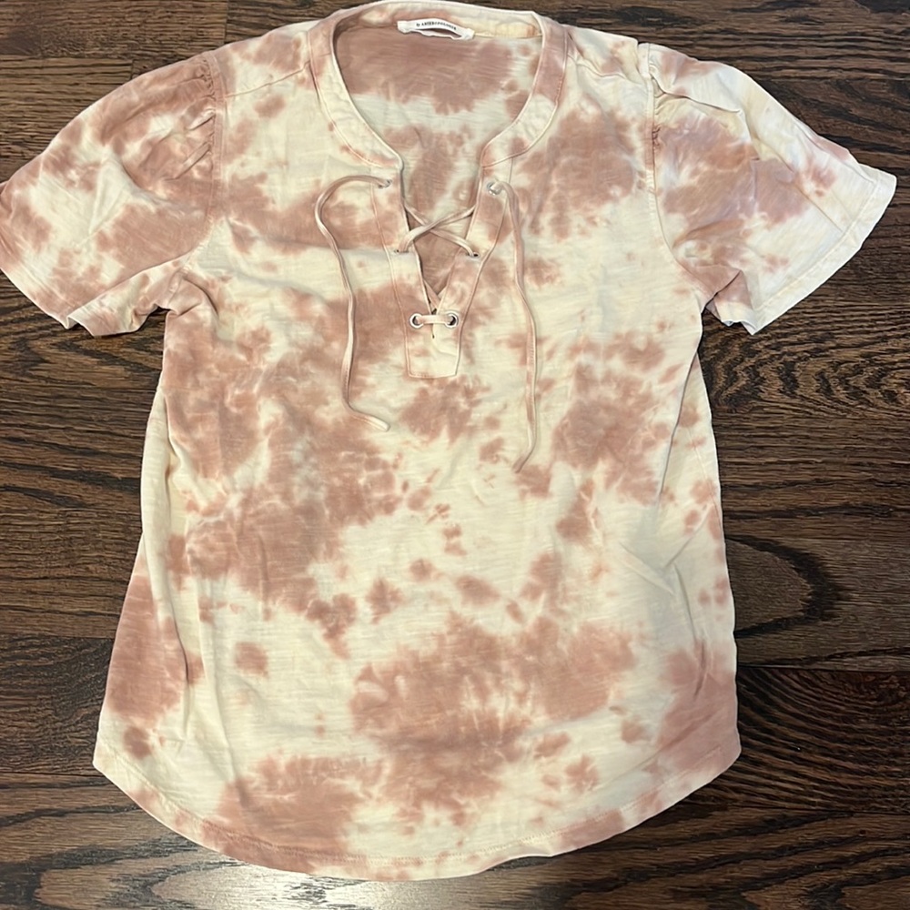 Anthropologie Cream and Brown Tie Front Short Sleeve T-Shirt Size XS